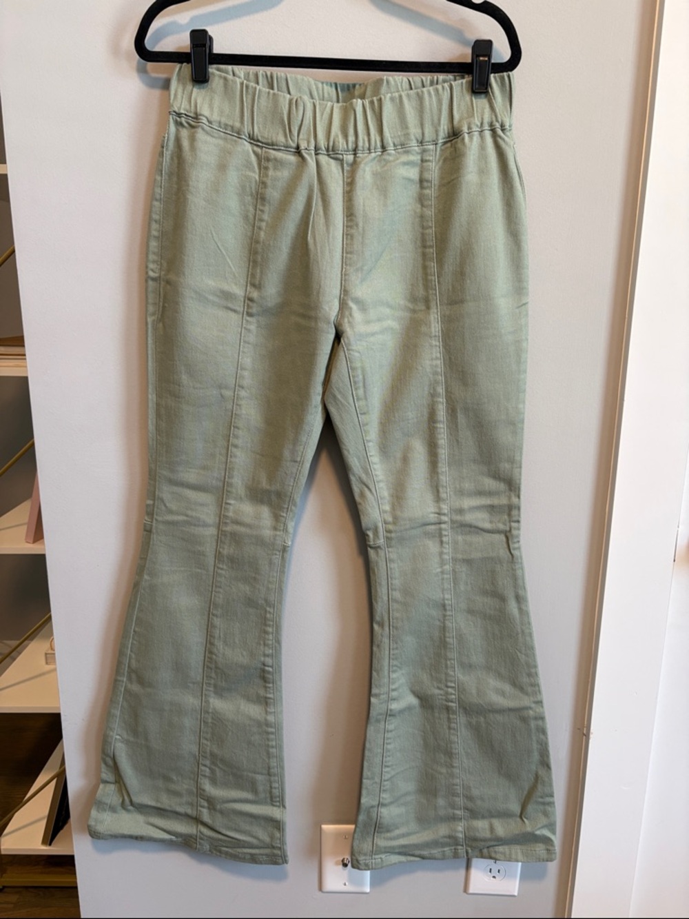 Women's Sage Green Flare Jeans - Wide Leg with Elastic Waistband